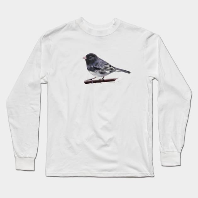 Dark Eyed Junco (perched) bird painting Long Sleeve T-Shirt by EmilyBickell